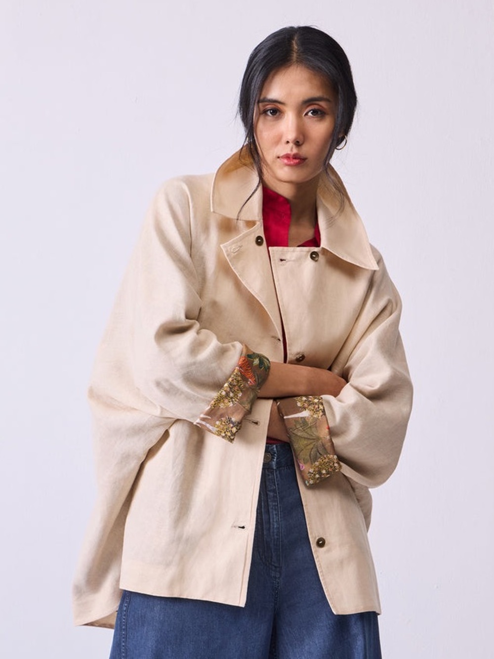 Nicobar One Size Linen Cotton Oversized Jacket Tropical Print Lining